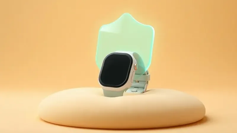 Renderização 3D de smartwatch infantil com escudo translúcido protetor representando segurança e supervisão parental.