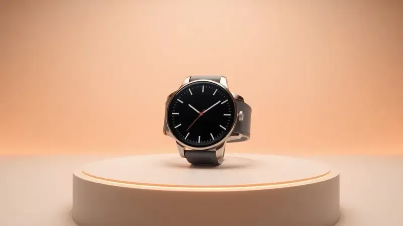 Renderização 3D de smartwatch elegante em pedestal minimalista representando avaliação final de compra com atmosfera sofisticada.