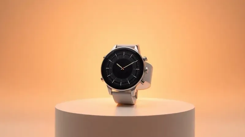 Render 3D de smartwatch em pedestal com iluminação dourada simbolizando valor e decisão de compra inteligente