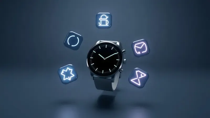 Renderização 3D conceitual de smartwatch com ícones abstratos flutuantes representando as vantagens da tecnologia eSIM.