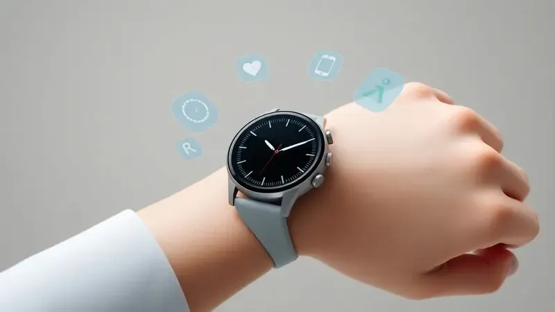 Renderização 3D de smartwatch minimalista exibindo ícones abstratos de saúde e notificações em pulso limpo.
