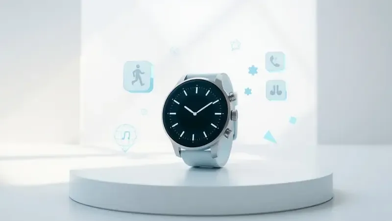 Render 3D de smartwatch moderno cercado por formas geométricas translúcidas simbolizando conectividade e funcionalidades inteligentes