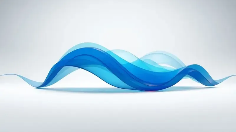 Visualização 3D abstrata da variabilidade da frequência cardíaca com ondas translúcidas em azul representando intervalos entre batimentos e equilíbrio do sistema nervoso