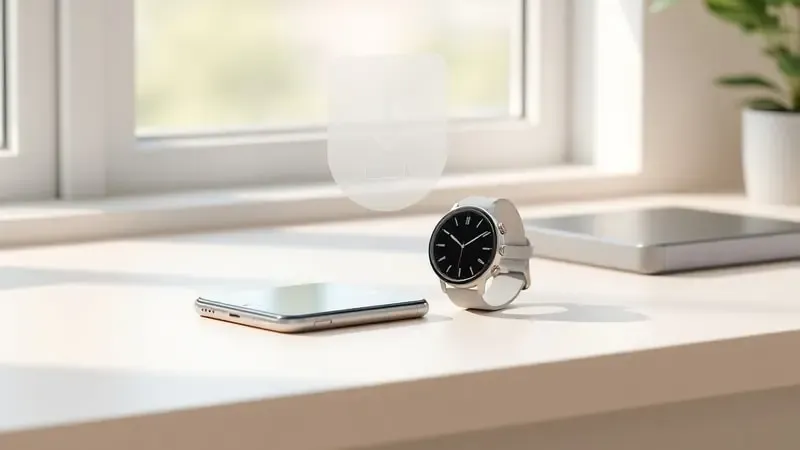Render 3D conceitual de smartphone e smartwatch genéricos sobre mesa com ícones abstratos de verificação de compatibilidade.