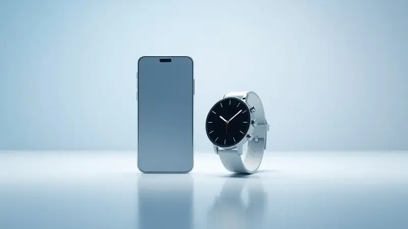 Smartphone e smartwatch conectados por fluxo de dados luminoso simbolizando permissões de notificação em renderização 3D limpa.