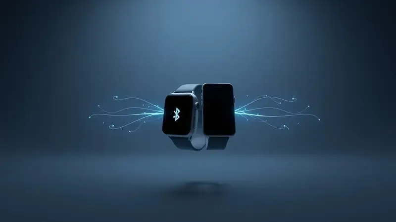 Renderização 3D de smartwatch e celular com linhas de conexão azuis representando pareamento Bluetooth para Android