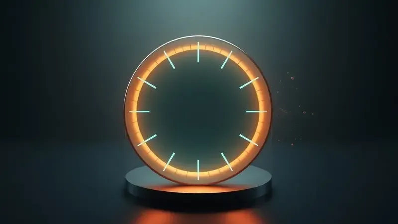 Anel circular luminoso segmentado representando duração de bateria com gradiente de cores em renderização 3D abstrata