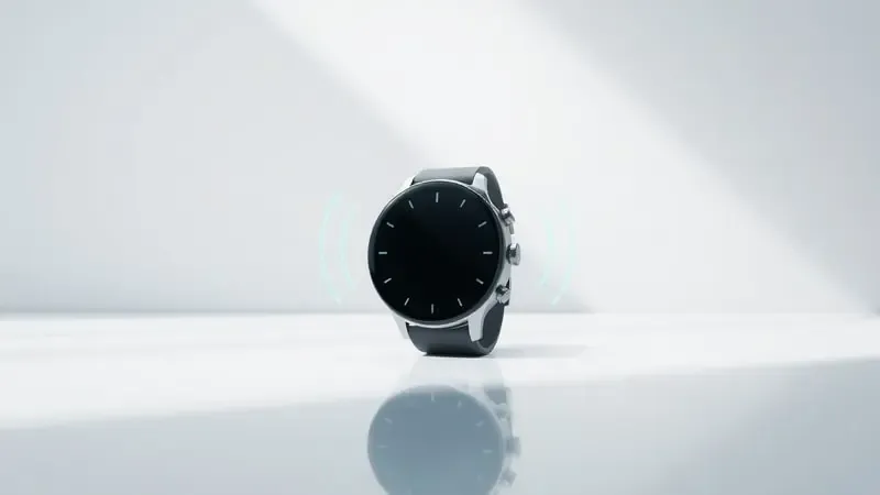Renderização 3D de smartwatch conceitual com ondas de sinal simbolizando conectividade LTE independente sem smartphone.