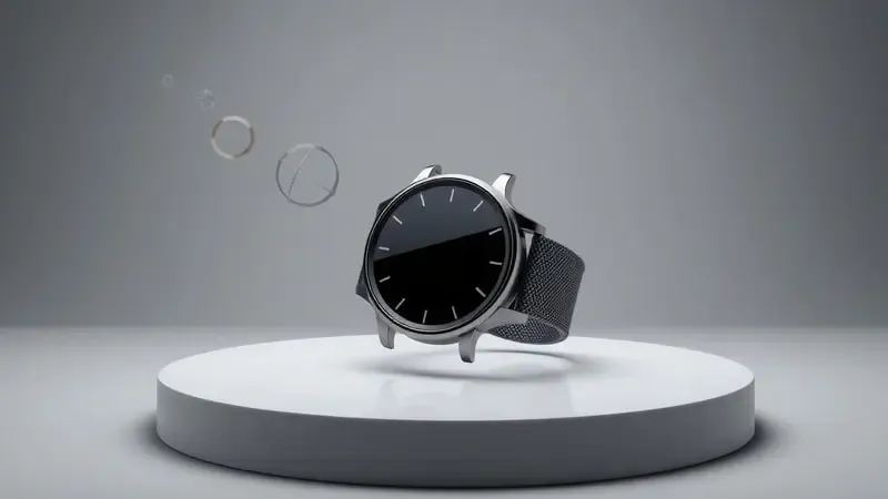 Renderização 3D de smartwatch moderno com design minimalista destacando recursos inteligentes e conectividade.